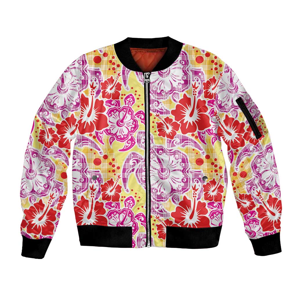 Palaka with Honu and Hibiscus Sleeve Zip Bomber Jacket Hawaiian Heritage Spirit - Polynesian Pride