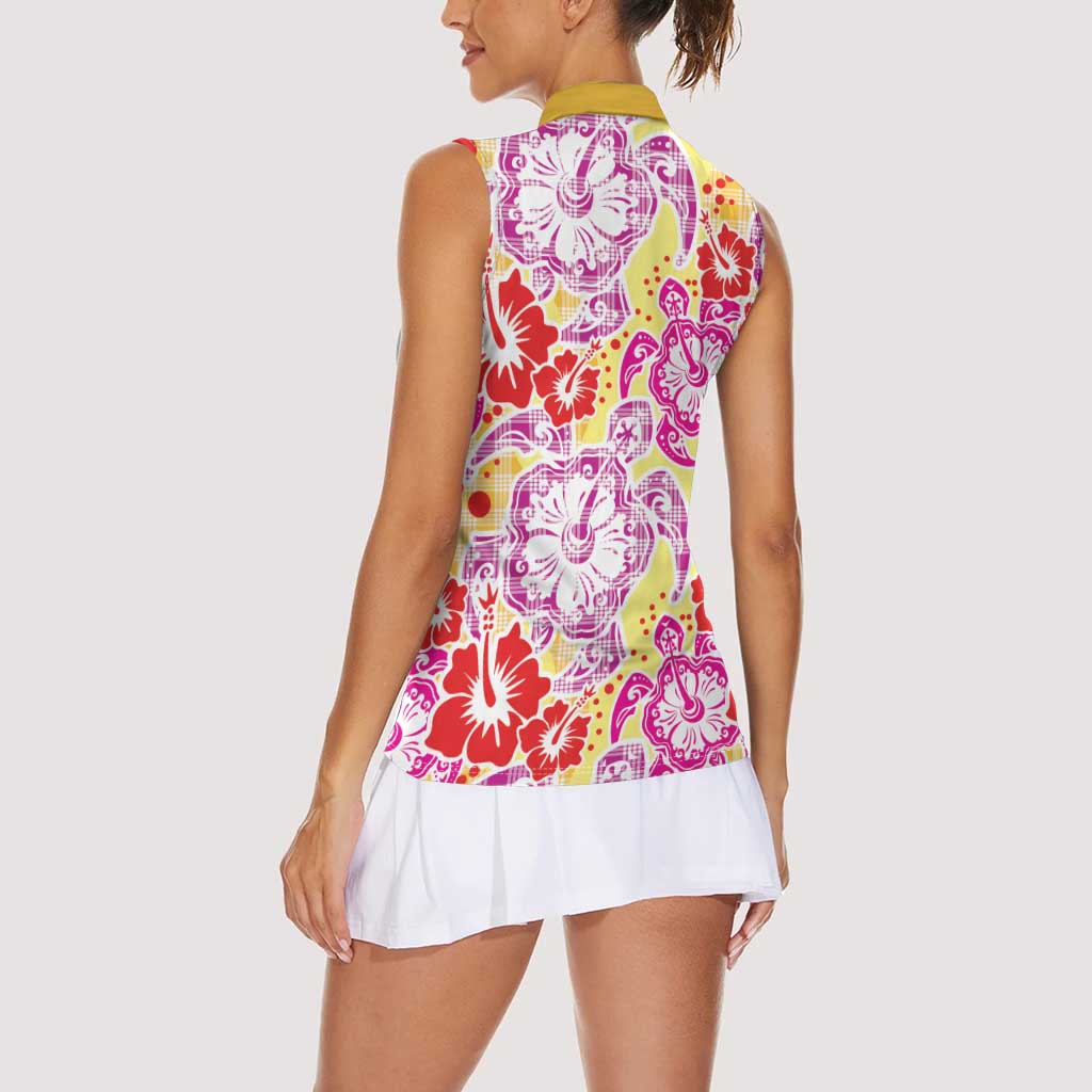 Palaka with Honu and Hibiscus Women Sleeveless Polo Shirt Hawaiian Heritage Spirit - Polynesian Pride