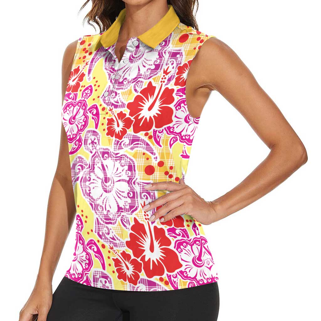 Palaka with Honu and Hibiscus Women Sleeveless Polo Shirt Hawaiian Heritage Spirit - Polynesian Pride