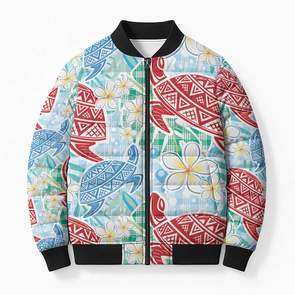Palaka with Honu and Plumeria Bomber Puffer Jacket Hawaiian Heritage Spirit LT9 Unisex Blue - Polynesian Pride