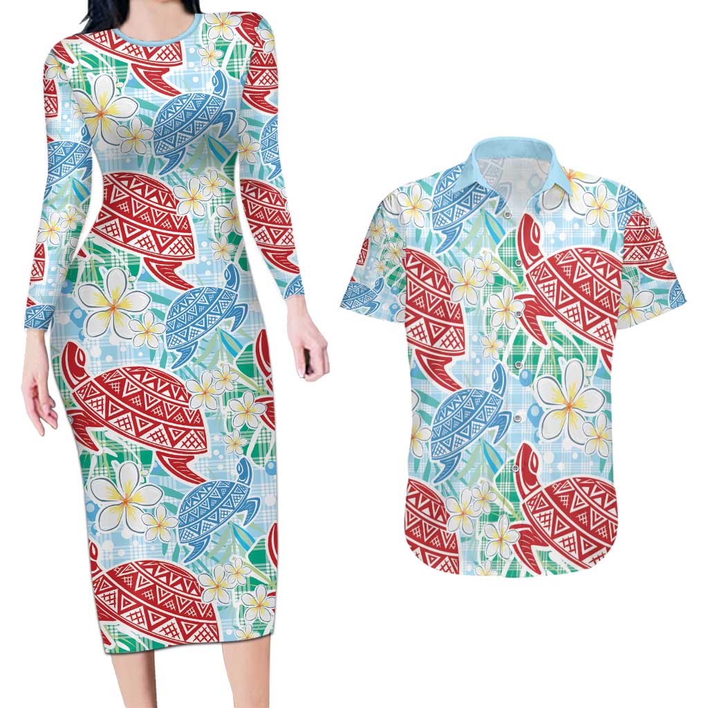 Palaka with Honu and Plumeria Couples Matching Long Sleeve Bodycon Dress and Hawaiian Shirt Hawaiian Heritage Spirit - Polynesian Pride