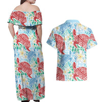 Palaka with Honu and Plumeria Couples Matching Off Shoulder Maxi Dress and Hawaiian Shirt Hawaiian Heritage Spirit - Polynesian Pride