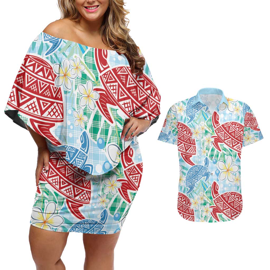 Palaka with Honu and Plumeria Couples Matching Off Shoulder Short Dress and Hawaiian Shirt Hawaiian Heritage Spirit - Polynesian Pride