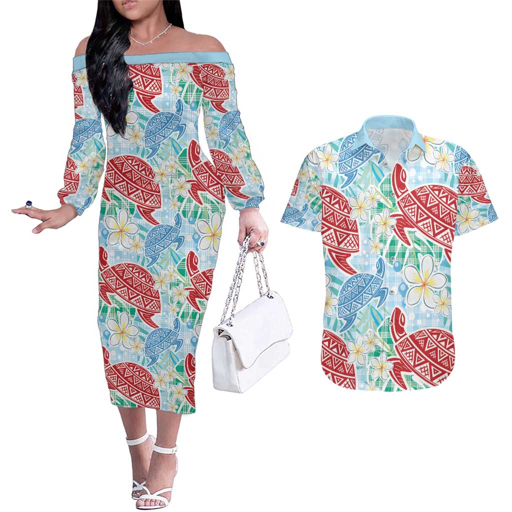 Palaka with Honu and Plumeria Couples Matching Off The Shoulder Long Sleeve Dress and Hawaiian Shirt Hawaiian Heritage Spirit - Polynesian Pride