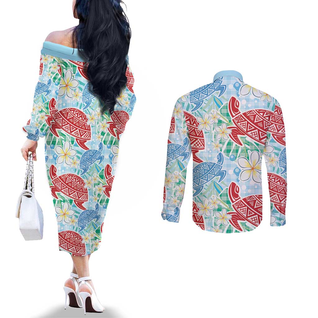 Palaka with Honu and Plumeria Couples Matching Off The Shoulder Long Sleeve Dress and Long Sleeve Button Shirt Hawaiian Heritage Spirit - Polynesian Pride