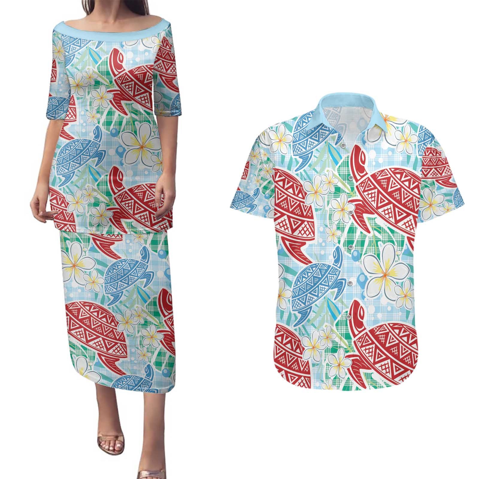 Palaka with Honu and Plumeria Couples Matching Puletasi and Hawaiian Shirt Hawaiian Heritage Spirit LT9 Blue - Polynesian Pride