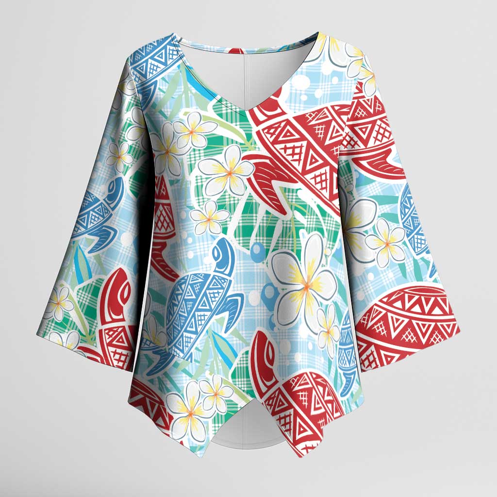 Palaka with Honu and Plumeria Kimono Sleeve Blouse Hawaiian Heritage Spirit LT9 Female Blue - Polynesian Pride
