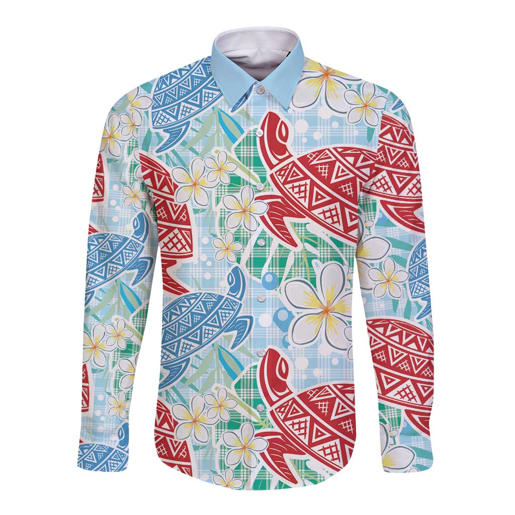 Palaka with Honu and Plumeria Long Sleeve Button Shirt Hawaiian Heritage Spirit LT9 Unisex Blue - Polynesian Pride