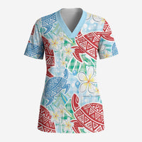 Palaka with Honu and Plumeria Scrub Top Hawaiian Heritage Spirit - Polynesian Pride
