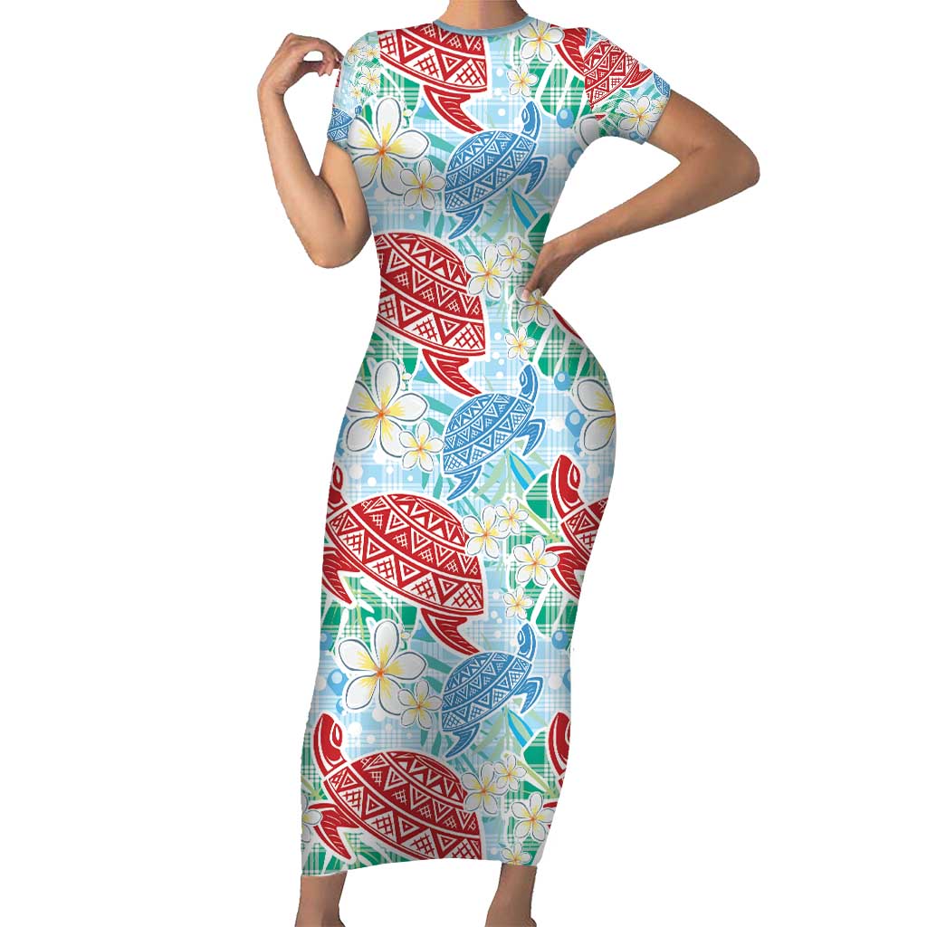 Palaka with Honu and Plumeria Short Sleeve Bodycon Dress Hawaiian Heritage Spirit - Polynesian Pride