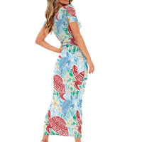 Palaka with Honu and Plumeria Short Sleeve Bodycon Dress Hawaiian Heritage Spirit - Polynesian Pride