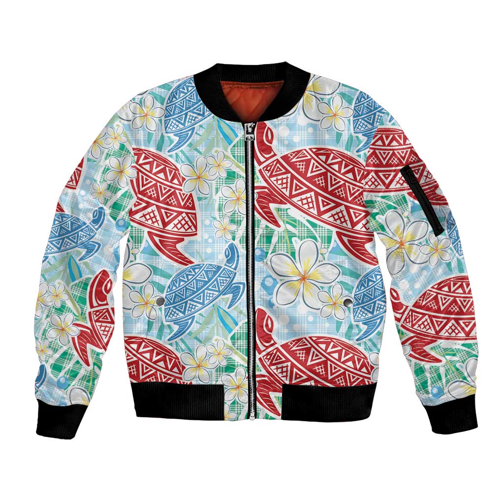 Palaka with Honu and Plumeria Sleeve Zip Bomber Jacket Hawaiian Heritage Spirit - Polynesian Pride