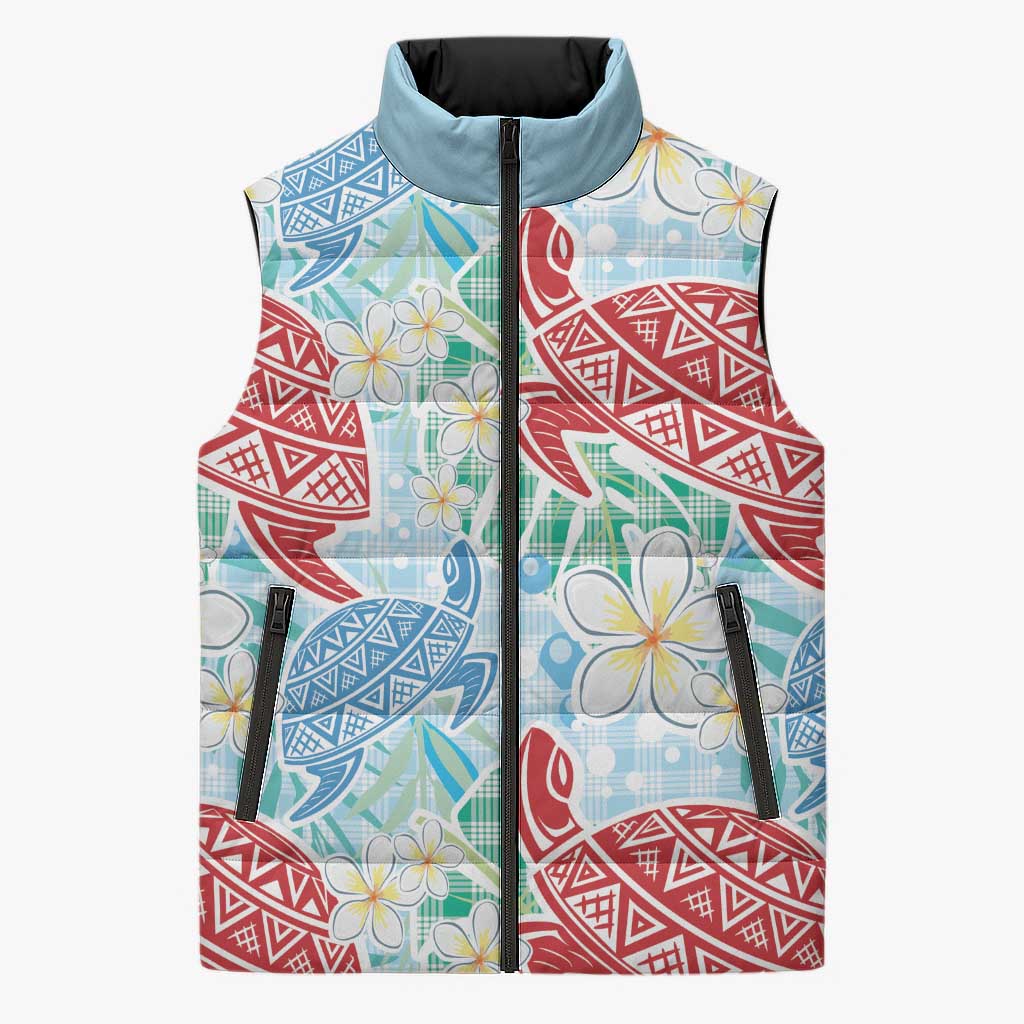 Palaka with Honu and Plumeria Sleeveless Puffer Jacket Hawaiian Heritage Spirit LT9 Unisex Blue - Polynesian Pride