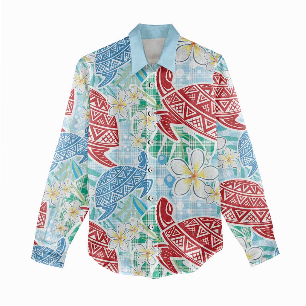 Palaka with Honu and Plumeria Women Casual Shirt Hawaiian Heritage Spirit - Polynesian Pride
