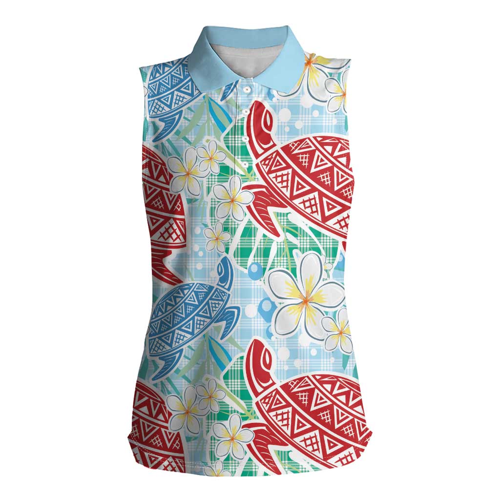 Palaka with Honu and Plumeria Women Sleeveless Polo Shirt Hawaiian Heritage Spirit - Polynesian Pride