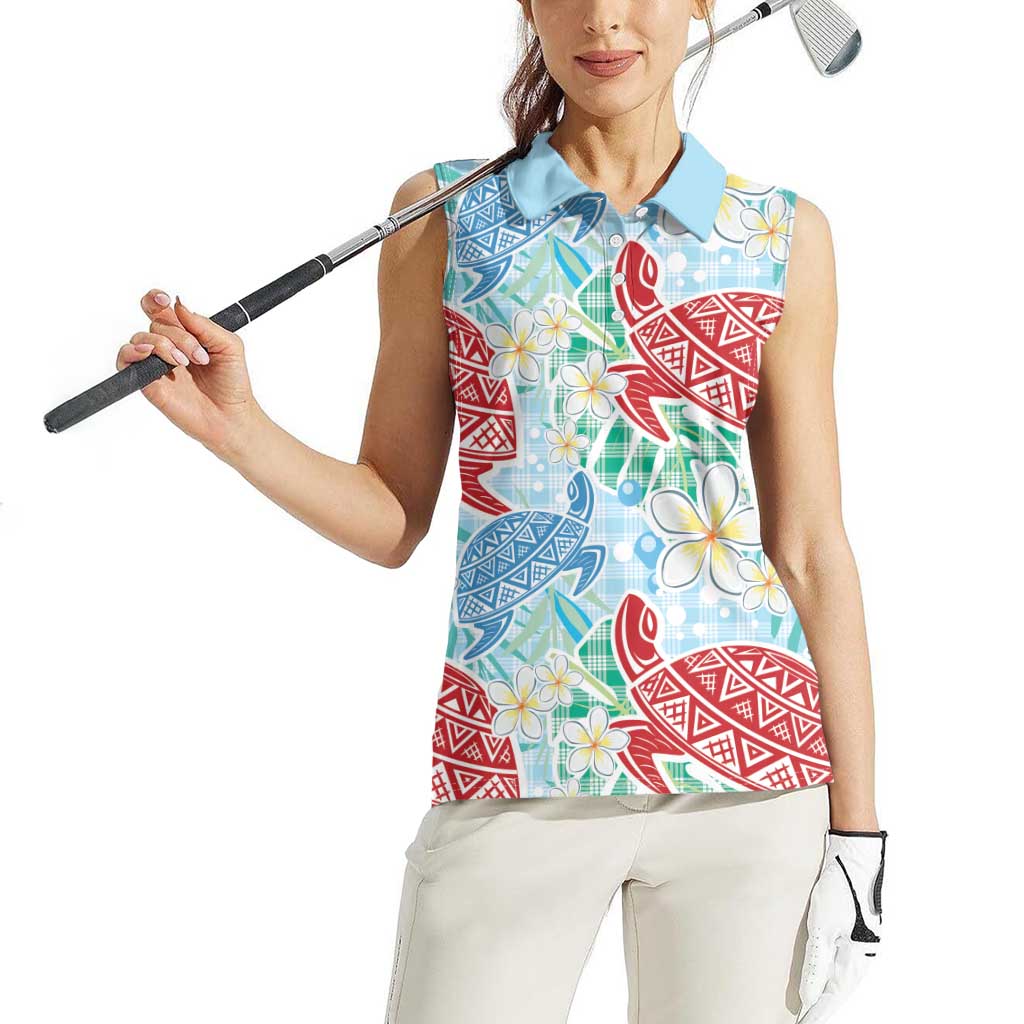 Palaka with Honu and Plumeria Women Sleeveless Polo Shirt Hawaiian Heritage Spirit - Polynesian Pride