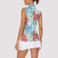 Palaka with Honu and Plumeria Women Sleeveless Polo Shirt Hawaiian Heritage Spirit - Polynesian Pride