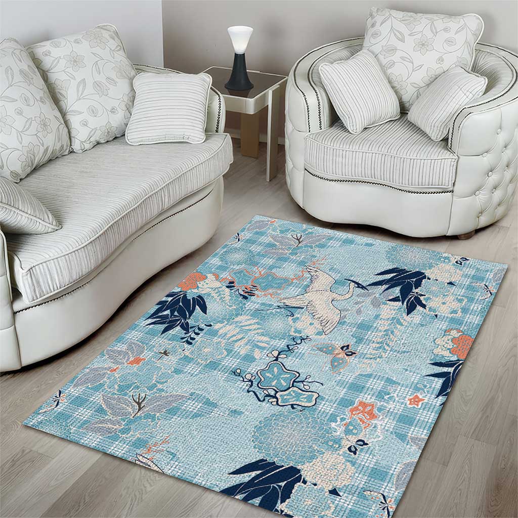 Blue Palaka Crane and Flowers Area Rug Japan Heritage Spirit - Polynesian Pride