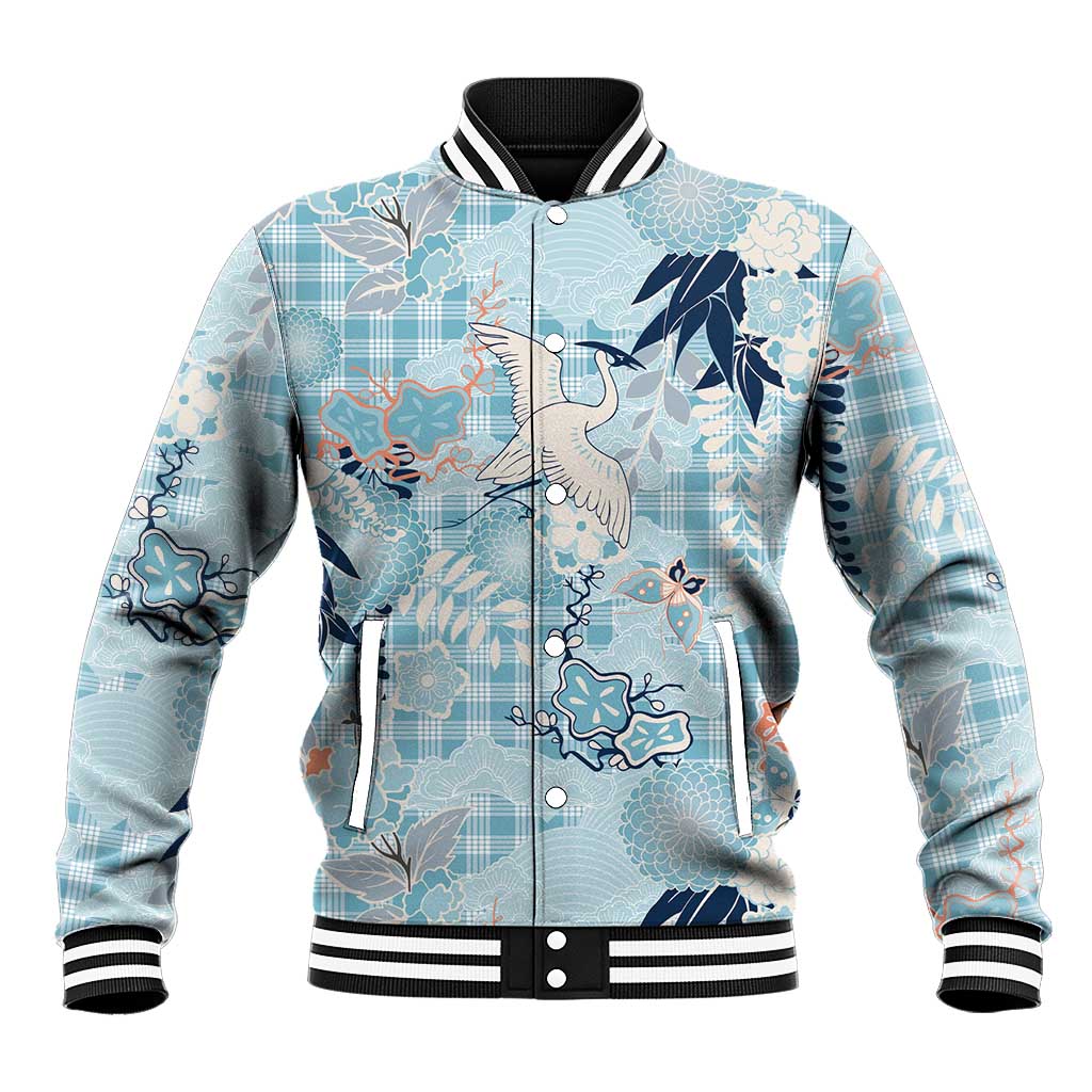 Blue Palaka Crane and Flowers Baseball Jacket Japan Heritage Spirit LT9 Unisex Blue - Polynesian Pride