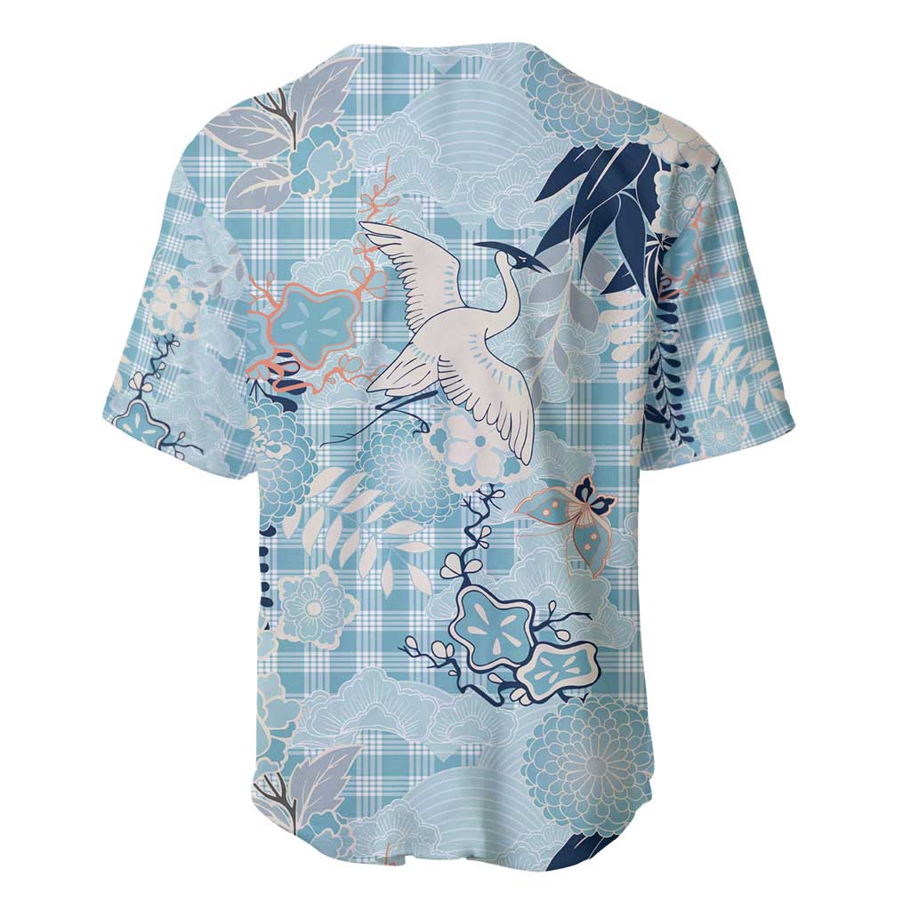 Blue Palaka Crane and Flowers Baseball Jersey Japan Heritage Spirit - Polynesian Pride
