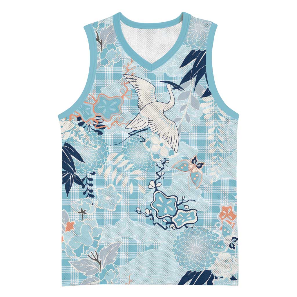 Blue Palaka Crane and Flowers Basketball Jersey Japan Heritage Spirit LT9 Unisex Blue - Polynesian Pride