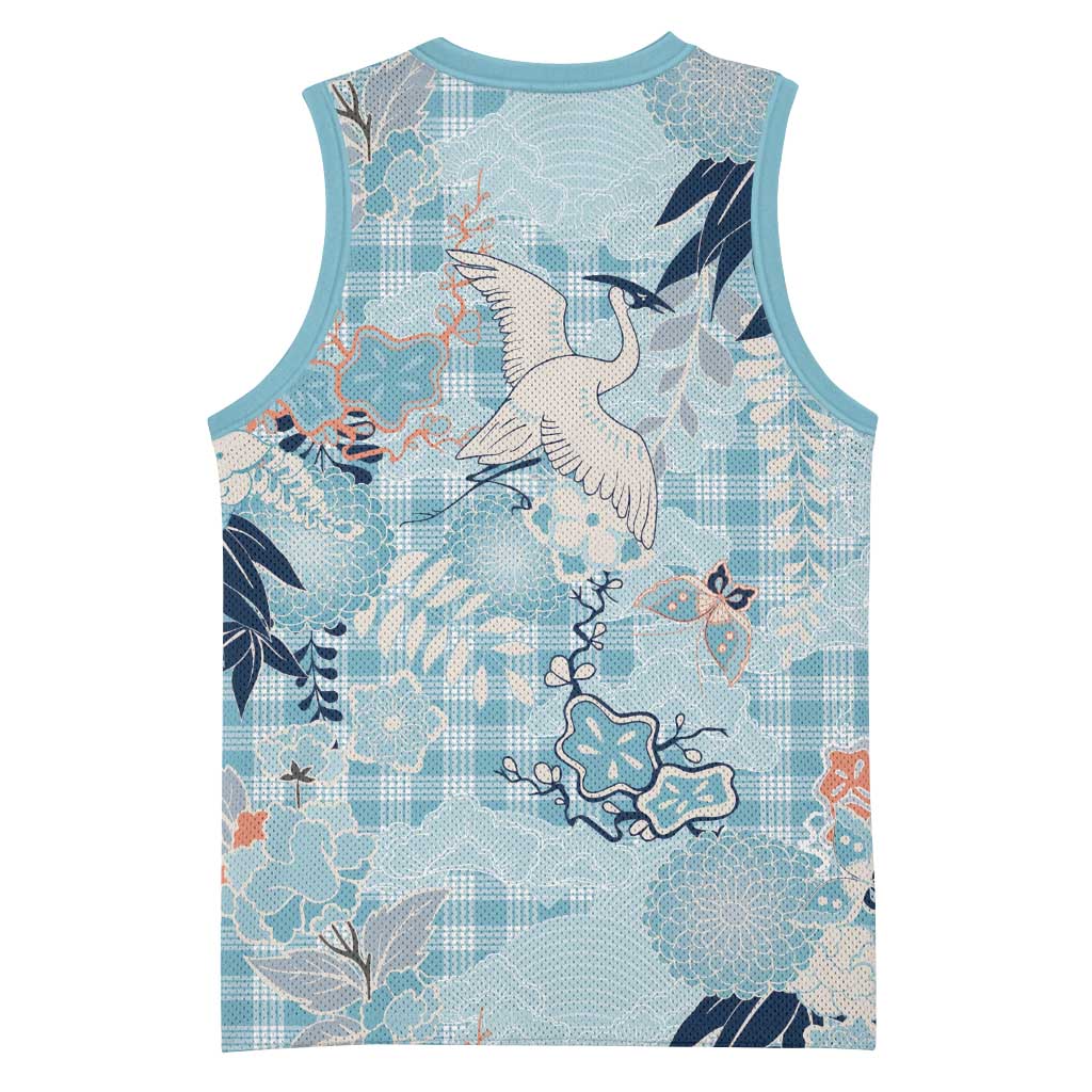 Blue Palaka Crane and Flowers Basketball Jersey Japan Heritage Spirit LT9 - Polynesian Pride