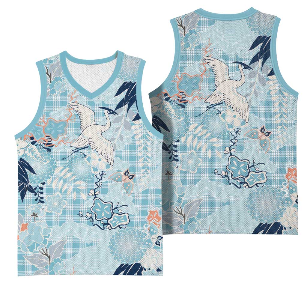 Blue Palaka Crane and Flowers Basketball Jersey Japan Heritage Spirit LT9 - Polynesian Pride