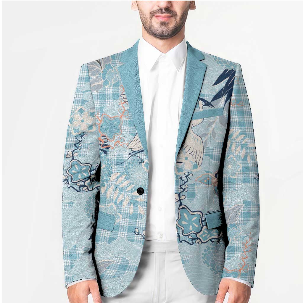Blue Palaka Crane and Flowers Blazer Japan Heritage Spirit LT9 - Polynesian Pride