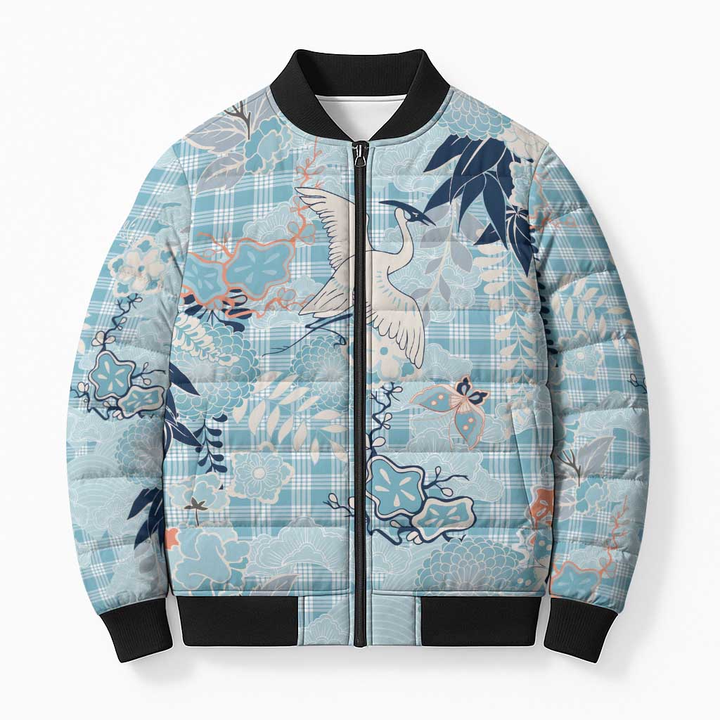 Blue Palaka Crane and Flowers Bomber Puffer Jacket Japan Heritage Spirit LT9 Unisex Blue - Polynesian Pride
