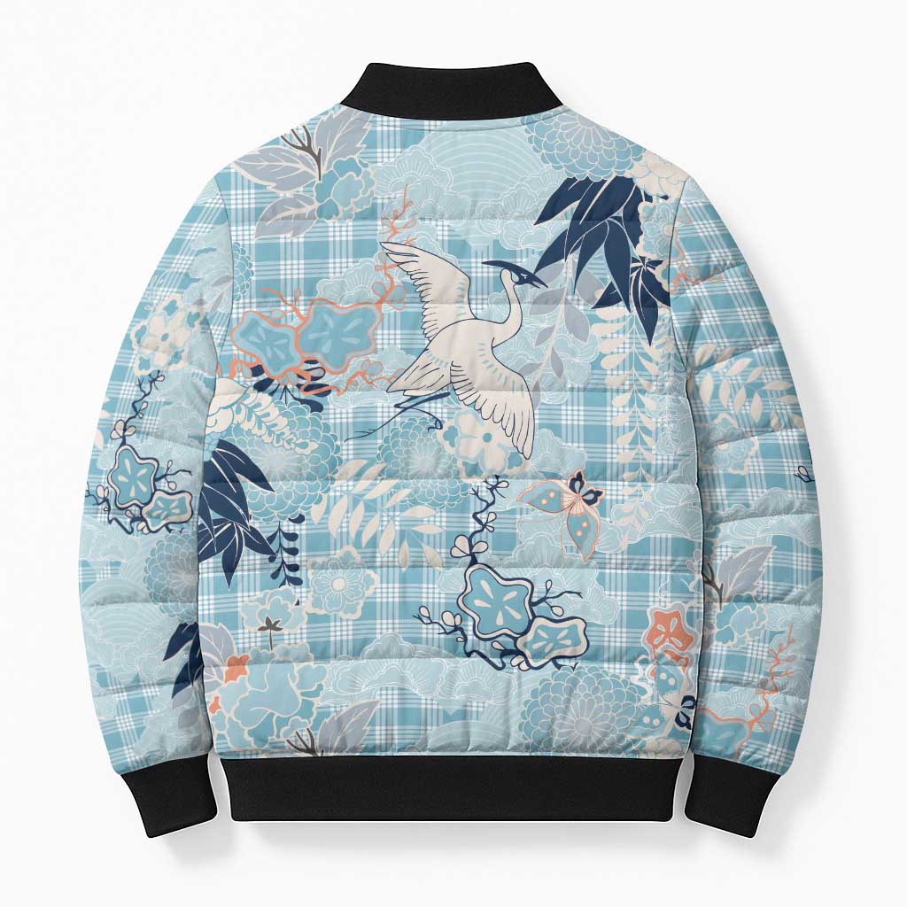Blue Palaka Crane and Flowers Bomber Puffer Jacket Japan Heritage Spirit LT9 - Polynesian Pride