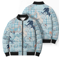 Blue Palaka Crane and Flowers Bomber Puffer Jacket Japan Heritage Spirit LT9 - Polynesian Pride