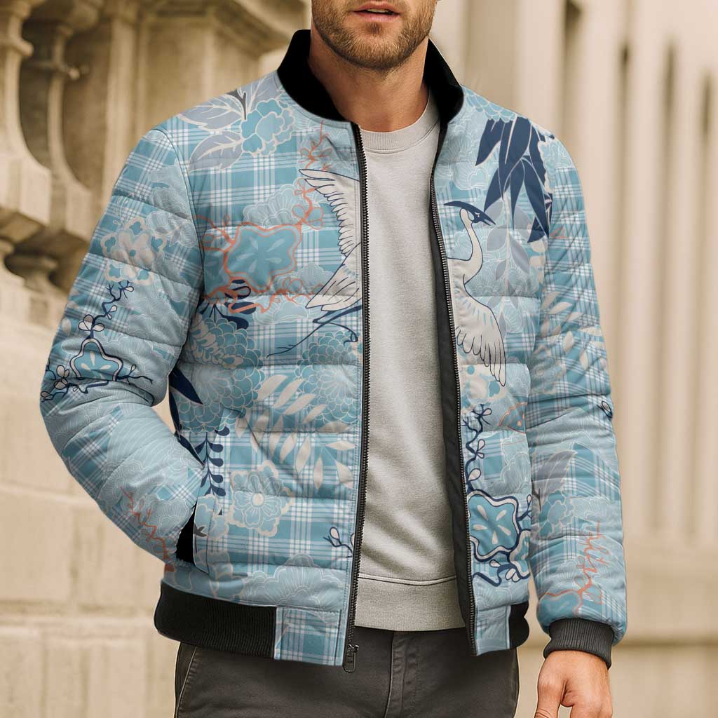 Blue Palaka Crane and Flowers Bomber Puffer Jacket Japan Heritage Spirit LT9 - Polynesian Pride
