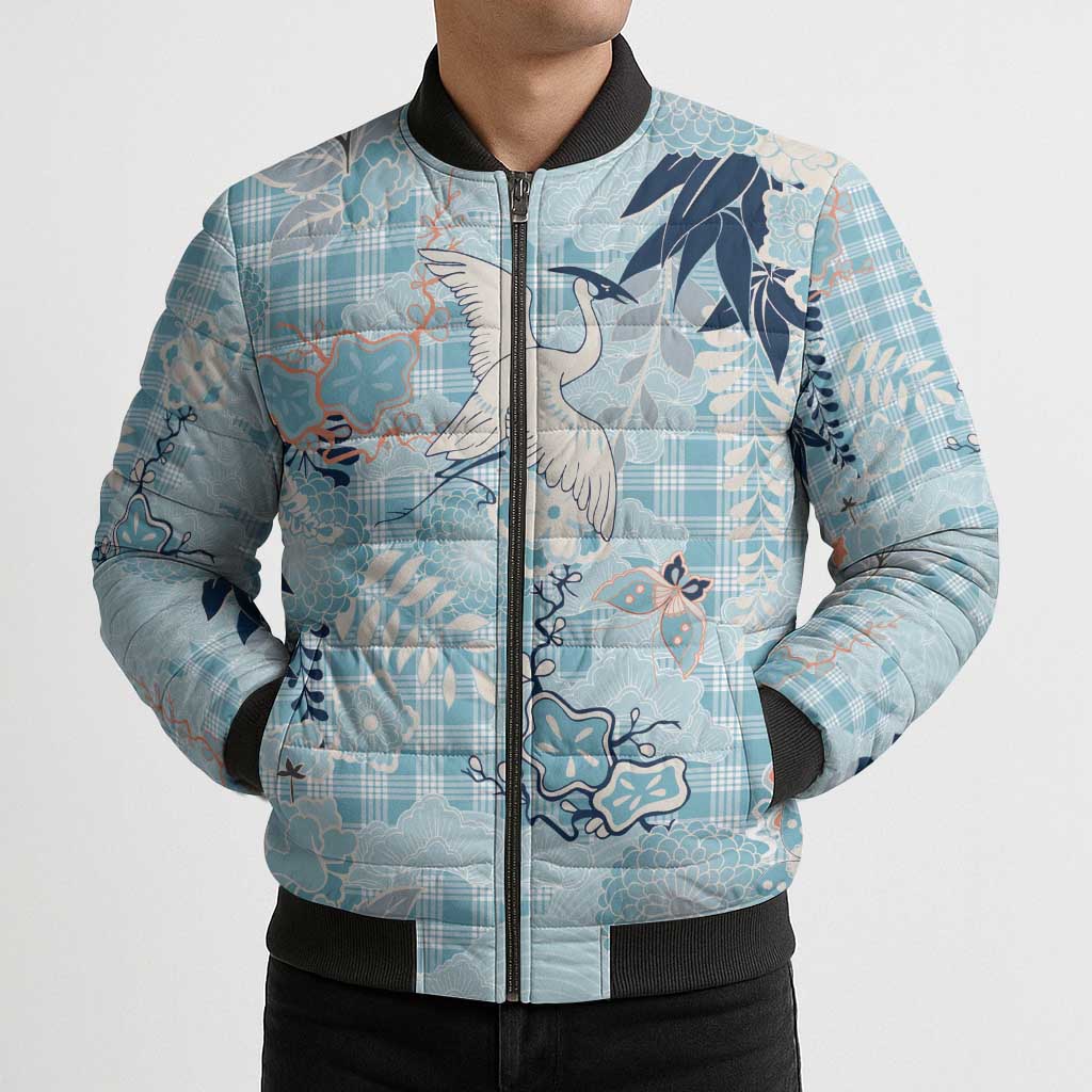 Blue Palaka Crane and Flowers Bomber Puffer Jacket Japan Heritage Spirit LT9 - Polynesian Pride