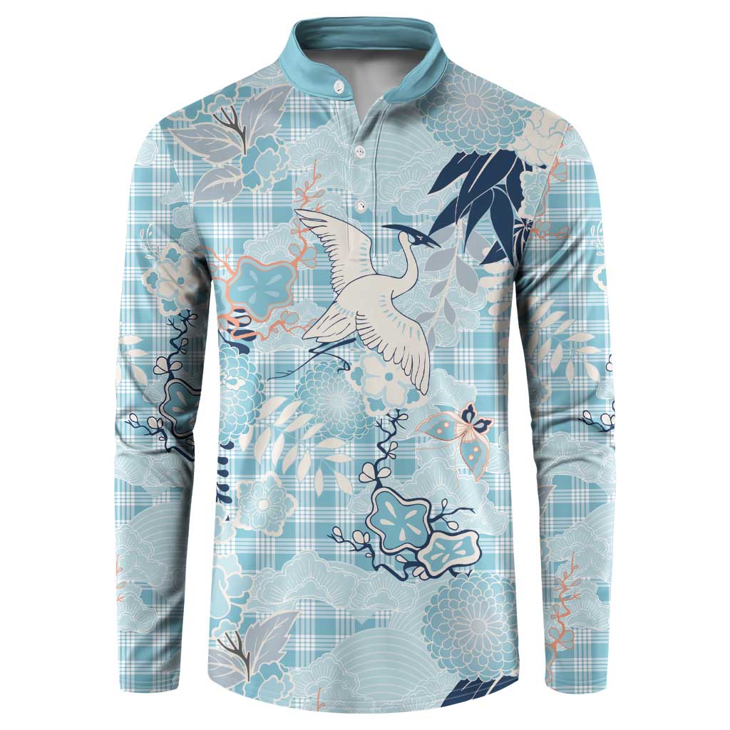 Blue Palaka Crane and Flowers Button Sweatshirt Japan Heritage Spirit LT9 Blue - Polynesian Pride