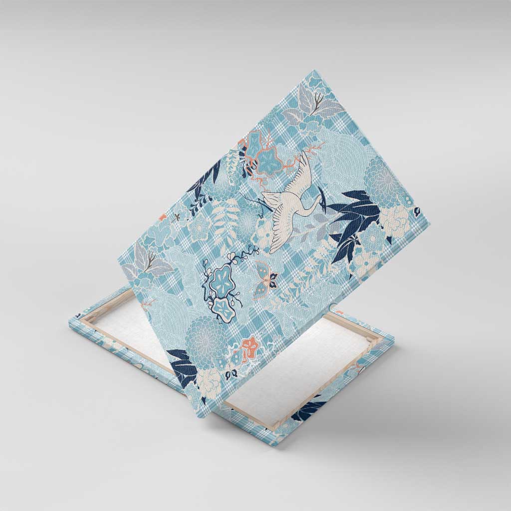 Blue Palaka Crane and Flowers Canvas Wall Art Japan Heritage Spirit LT9 With Frame Blue - Polynesian Pride