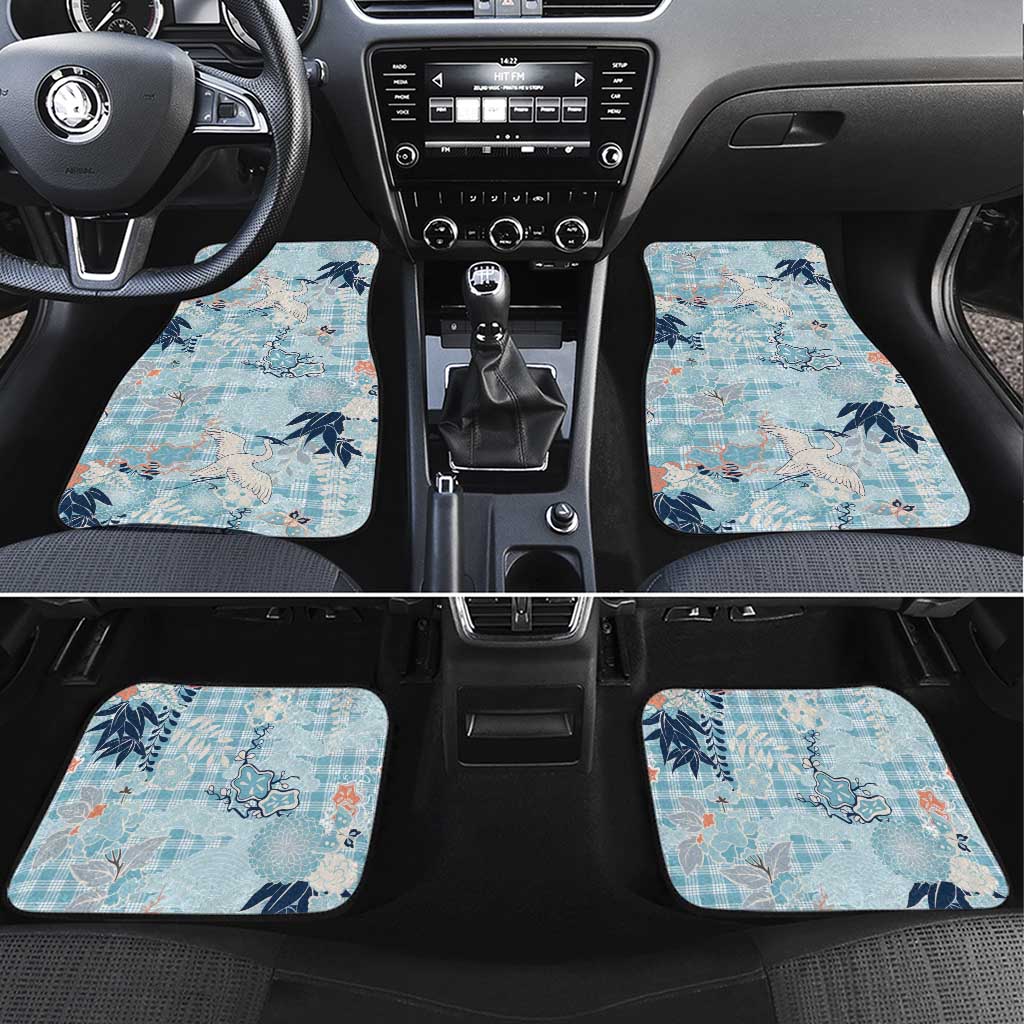 Blue Palaka Crane and Flowers Car Mats Japan Heritage Spirit LT9 Set 4pcs Blue - Polynesian Pride