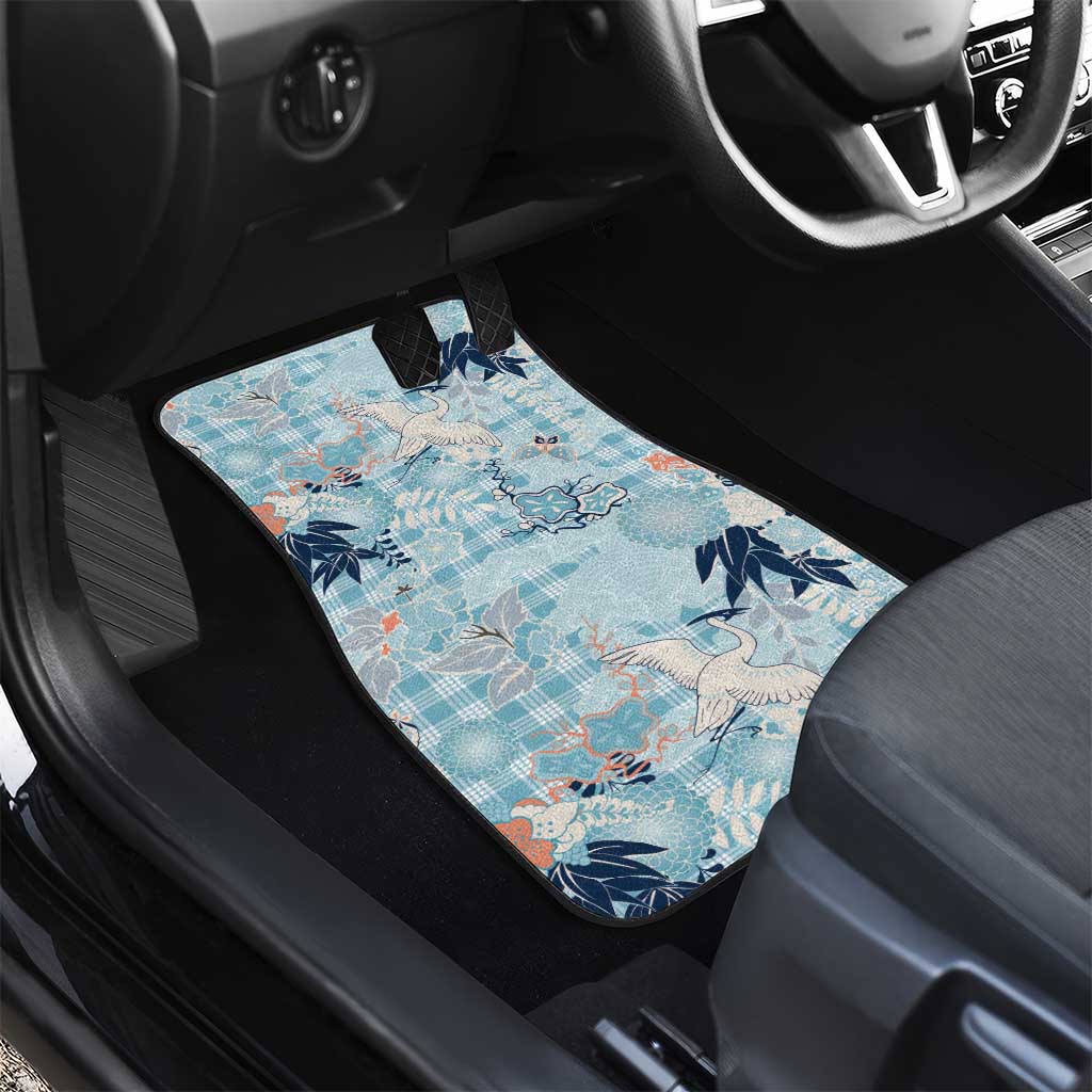 Blue Palaka Crane and Flowers Car Mats Japan Heritage Spirit LT9 - Polynesian Pride