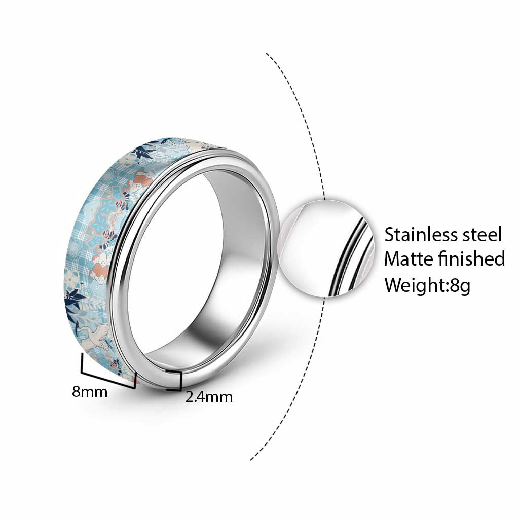 Blue Palaka Crane and Flowers Classic Ring Japan Heritage Spirit LT9 - Polynesian Pride