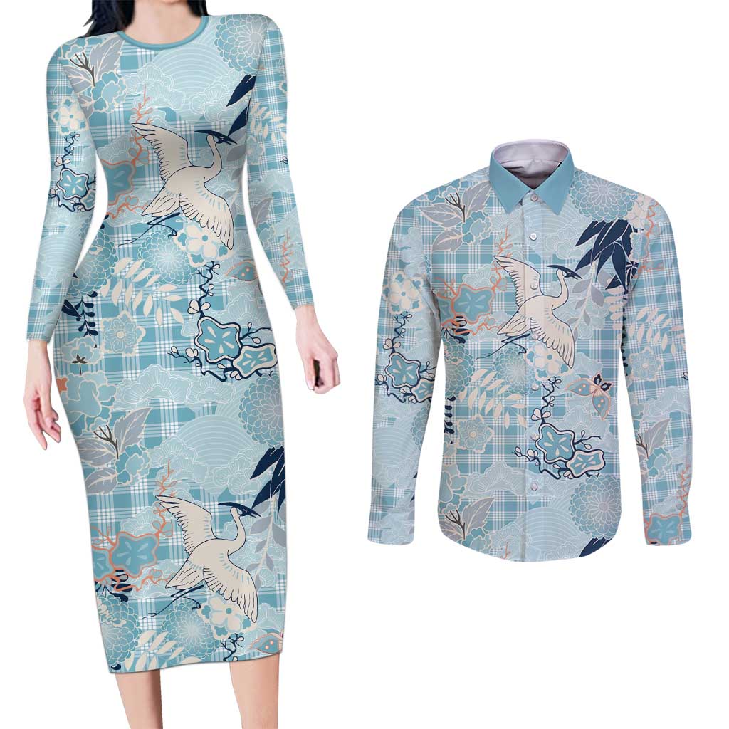 Blue Palaka Crane and Flowers Couples Matching Long Sleeve Bodycon Dress and Long Sleeve Button Shirt Japan Heritage Spirit LT9 Blue - Polynesian Pride
