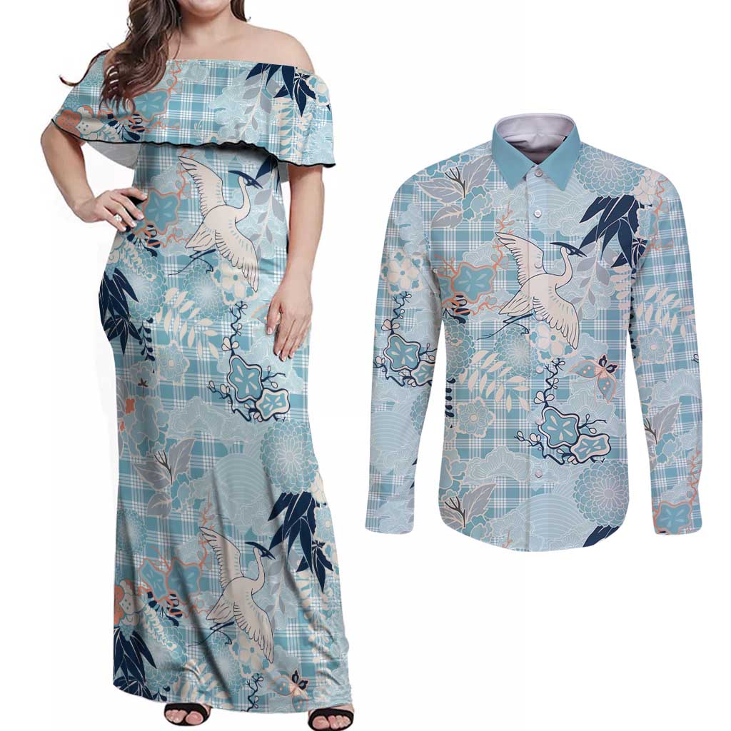 Blue Palaka Crane and Flowers Couples Matching Off Shoulder Maxi Dress and Long Sleeve Button Shirt Japan Heritage Spirit LT9 Blue - Polynesian Pride