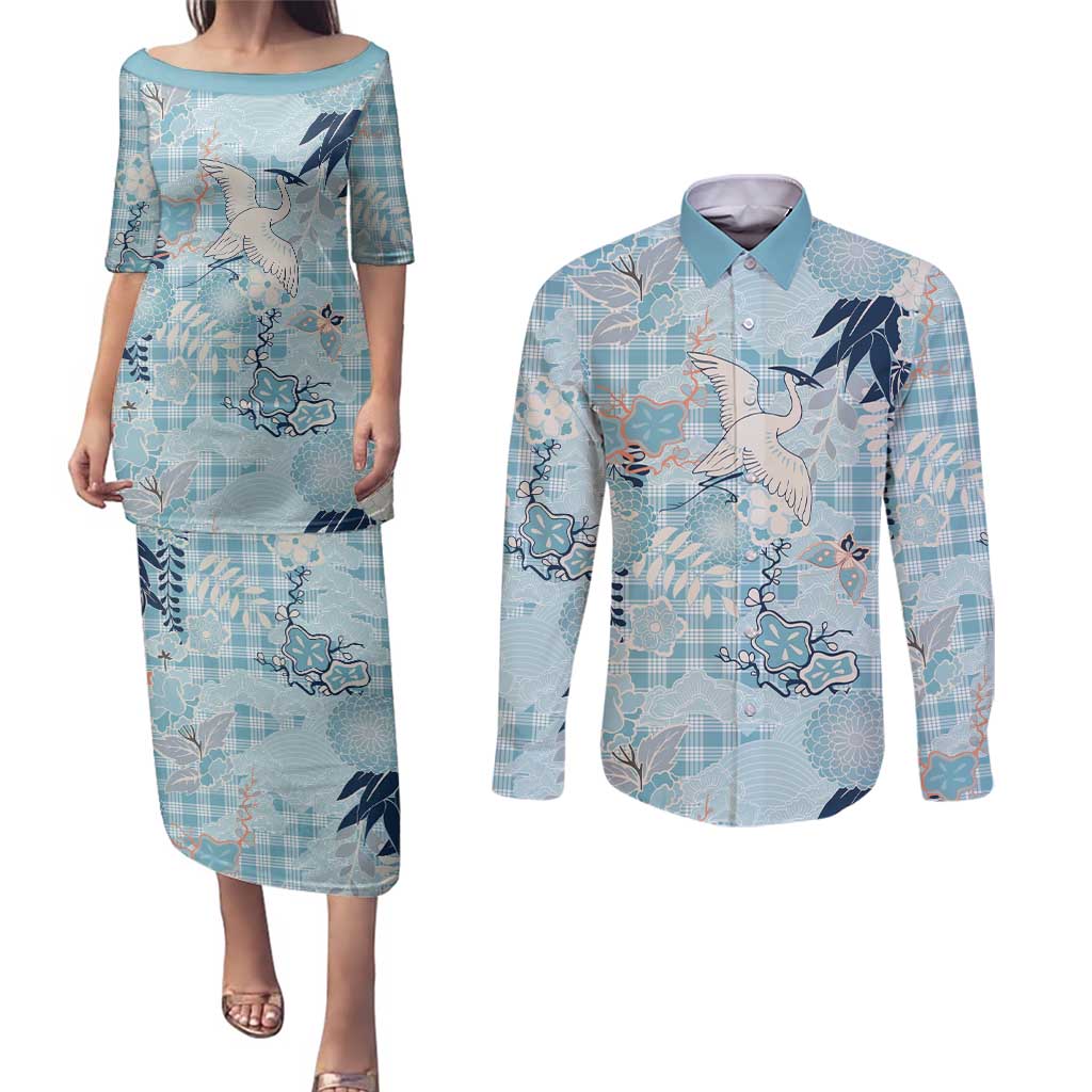 Blue Palaka Crane and Flowers Couples Matching Puletasi and Long Sleeve Button Shirt Japan Heritage Spirit LT9 Blue - Polynesian Pride