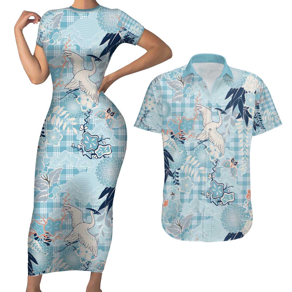 Blue Palaka Crane and Flowers Couples Matching Short Sleeve Bodycon Dress and Hawaiian Shirt Japan Heritage Spirit - Polynesian Pride
