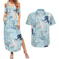 Blue Palaka Crane and Flowers Couples Matching Summer Maxi Dress and Hawaiian Shirt Japan Heritage Spirit - Polynesian Pride