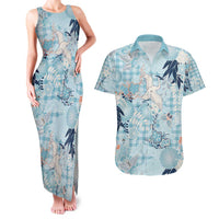 Blue Palaka Crane and Flowers Couples Matching Tank Maxi Dress and Hawaiian Shirt Japan Heritage Spirit - Polynesian Pride