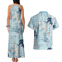 Blue Palaka Crane and Flowers Couples Matching Tank Maxi Dress and Hawaiian Shirt Japan Heritage Spirit - Polynesian Pride