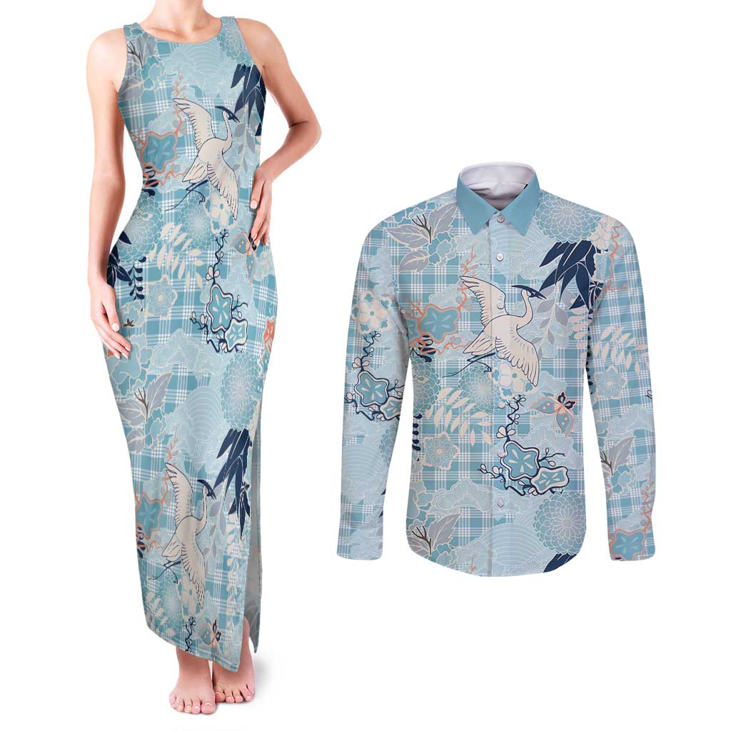 Blue Palaka Crane and Flowers Couples Matching Tank Maxi Dress and Long Sleeve Button Shirt Japan Heritage Spirit LT9 Blue - Polynesian Pride