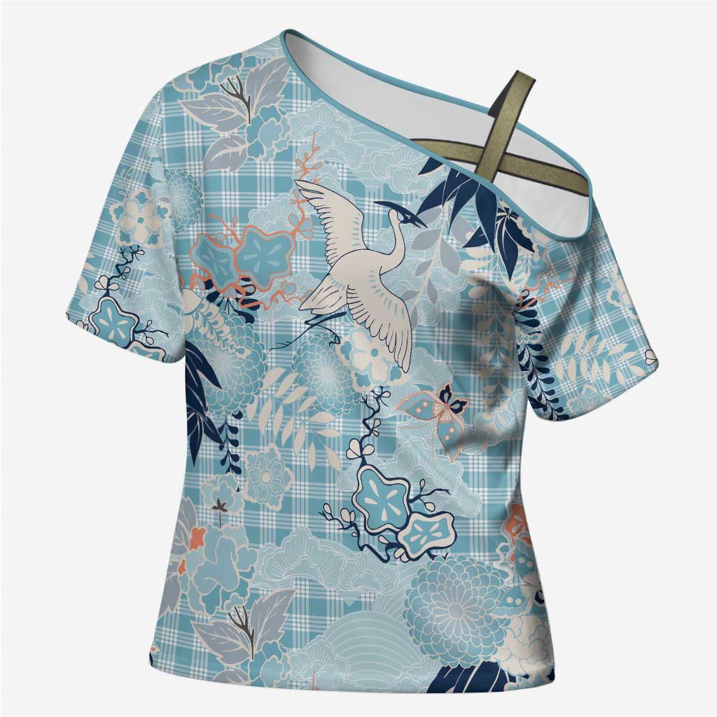 Blue Palaka Crane and Flowers Cross Shoulder Shirt Japan Heritage Spirit LT9 Female Blue - Polynesian Pride