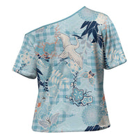Blue Palaka Crane and Flowers Cross Shoulder Shirt Japan Heritage Spirit LT9 - Polynesian Pride