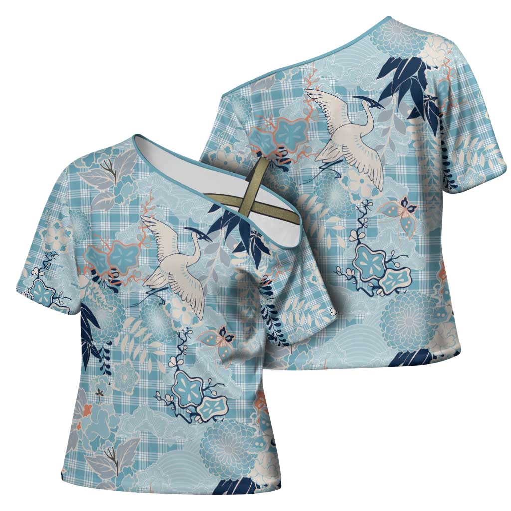 Blue Palaka Crane and Flowers Cross Shoulder Shirt Japan Heritage Spirit LT9 - Polynesian Pride