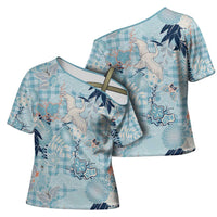 Blue Palaka Crane and Flowers Cross Shoulder Shirt Japan Heritage Spirit LT9 - Polynesian Pride
